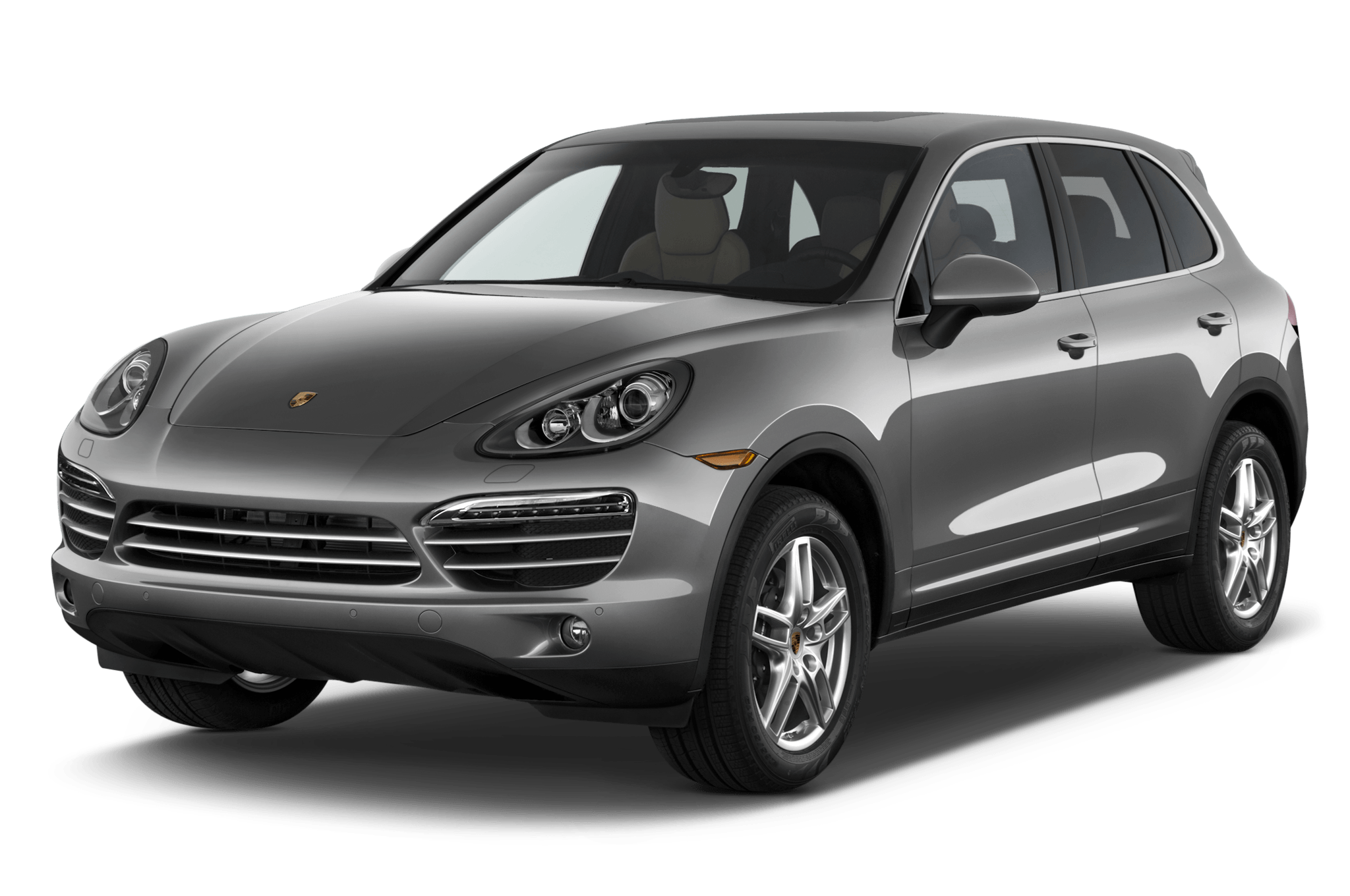 Szare Porsche Cayenne na przezroczystym tle, ujęcie z przodu pod skosem; elegancki SUV z charakterystycznymi owalnymi reflektorami, dużym grillem, aluminiowymi felgami i dynamiczną, sportową sylwetką.