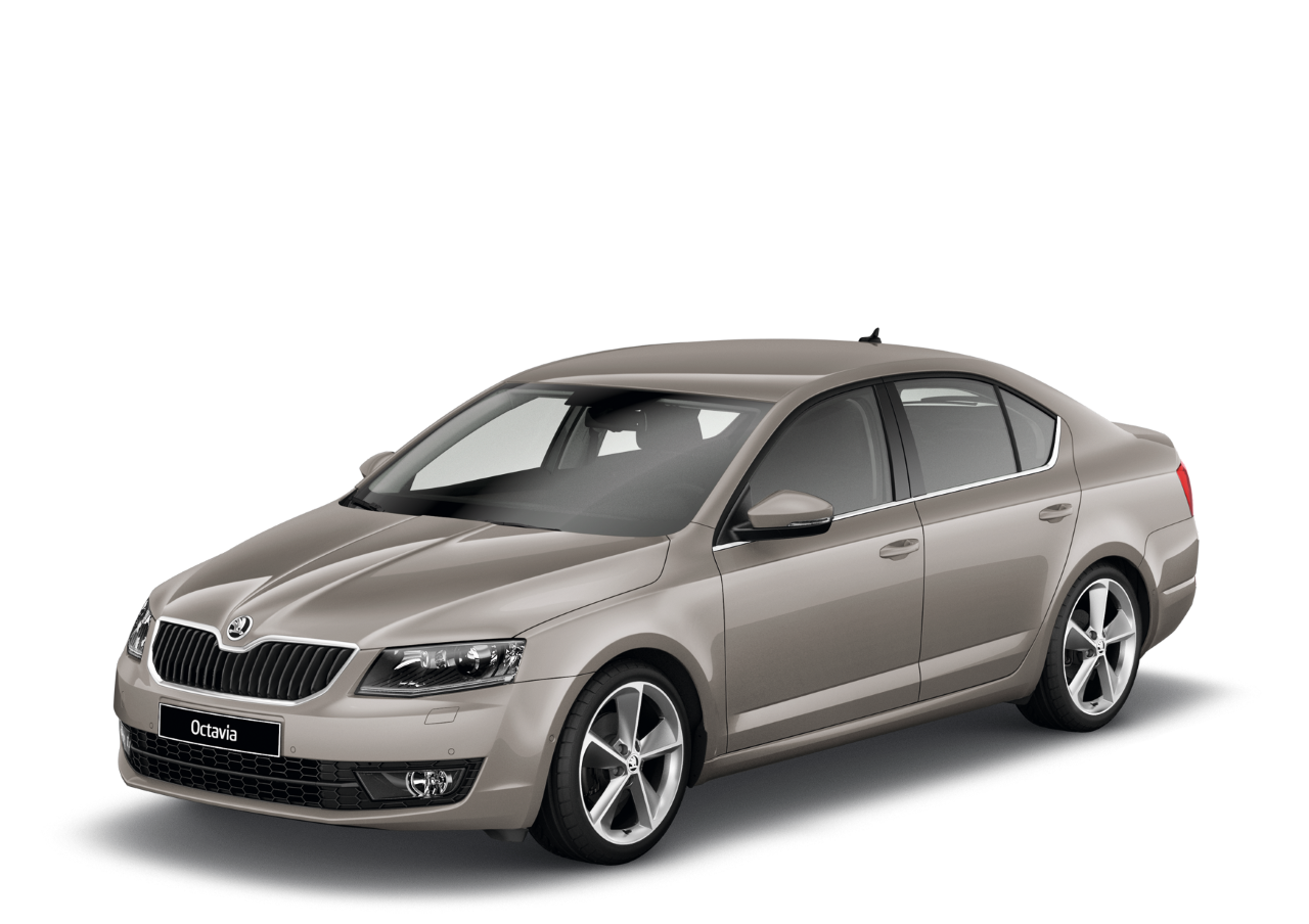 Beżowa Škoda Octavia w wersji sedan na przezroczystym tle, ujęcie z przodu pod kątem; elegancki, przestronny samochód z charakterystycznym grillem i nowoczesnymi reflektorami.