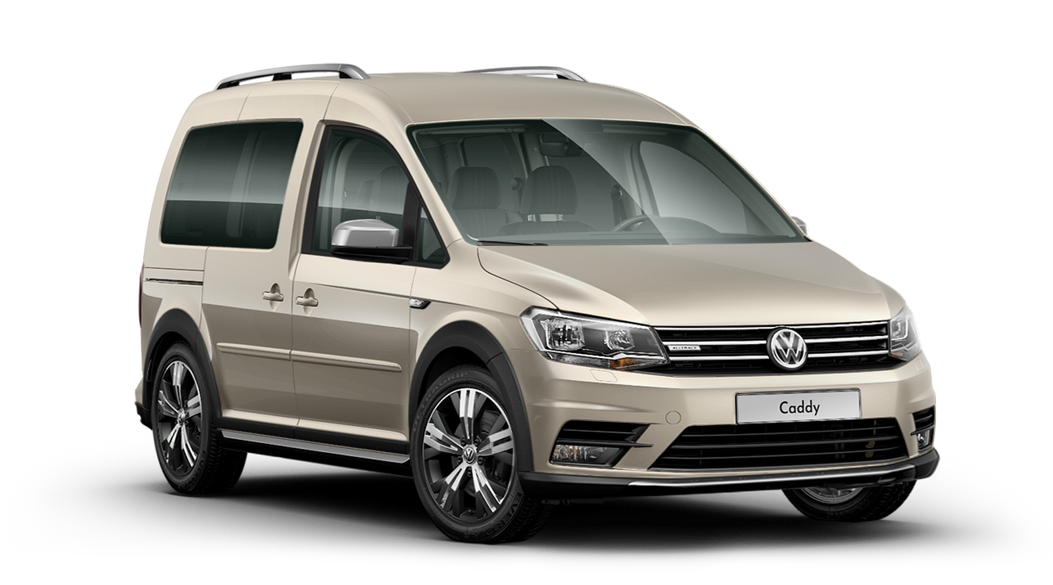 Beżowy Volkswagen Caddy na przezroczystym tle, widoczny z przodu pod skosem; charakterystyczny minivan z dużymi szybami bocznymi, czarnym grillem z logo VW, nowoczesnymi reflektorami i aluminiowymi felgami.