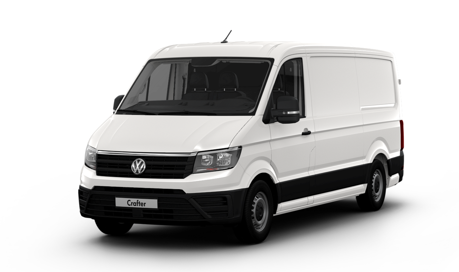 Biały Volkswagen Crafter na przezroczystym tle, widoczny z przodu pod lekkim skosem; masywne nadwozie dostawcze, czarne zderzaki i lusterka, charakterystyczny grill VW oraz jednolita zabudowa cargo bez okien po bokach.