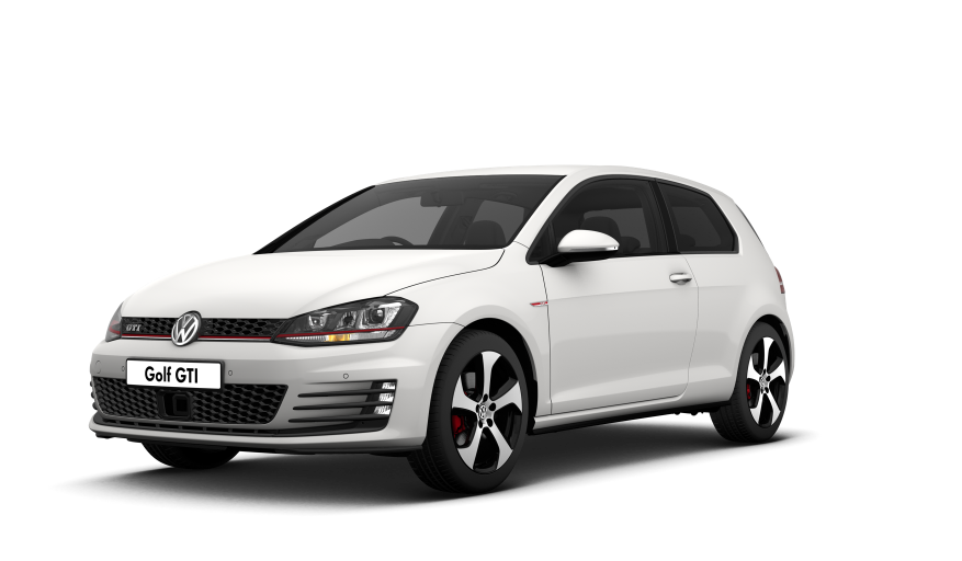 Biały Volkswagen Golf widoczny z przodu pod kątem, na przezroczystym tle; sportowy hatchback z charakterystyczną czerwoną linią na grillu, dużymi felgami i agresywną stylistyką.