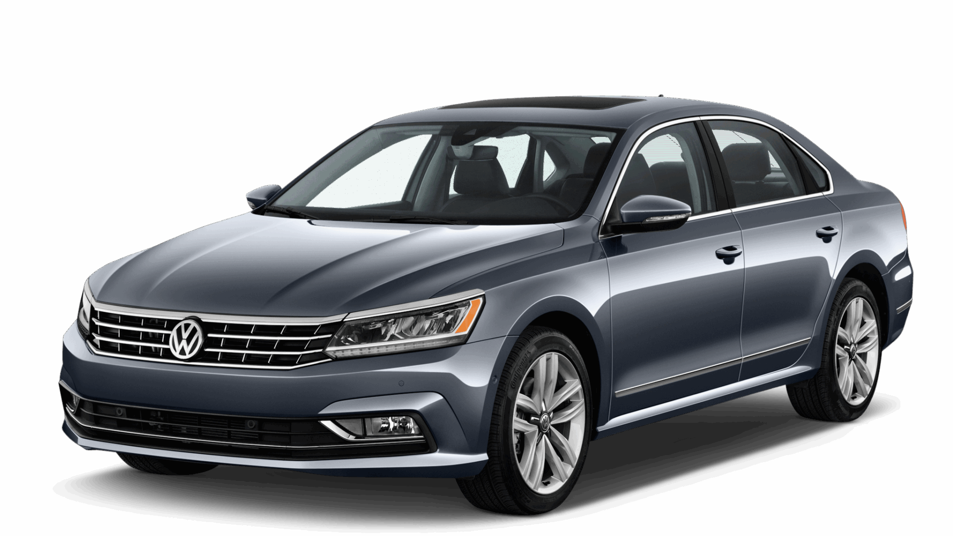 Srebrno-szary Volkswagen Passat widoczny z przodu pod kątem, na przezroczystym tle; elegancki sedan klasy średniej z chromowanym grillem i charakterystycznymi światłami LED.