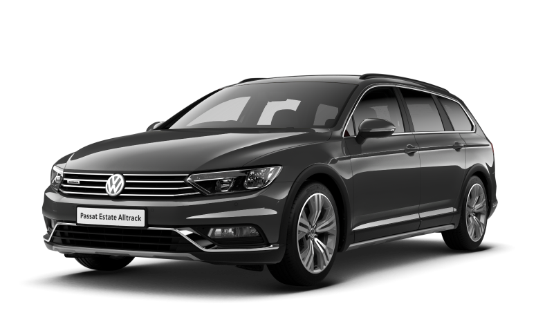 Ciemnoszary Volkswagen Passat na przezroczystym tle, ujęcie z przodu pod lekkim skosem; widoczne LED-owe reflektory, chromowany grill i podwyższone nadwozie.