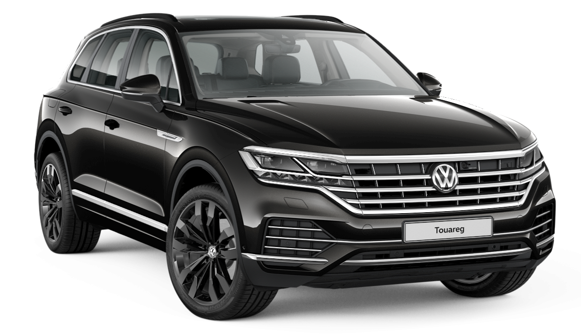 Czarny Volkswagen Touareg na przezroczystym tle, ujęcie z przodu pod kątem; elegancki SUV klasy premium z masywnym grillem, charakterystycznymi reflektorami LED i czarnymi, połyskującymi felgami.
