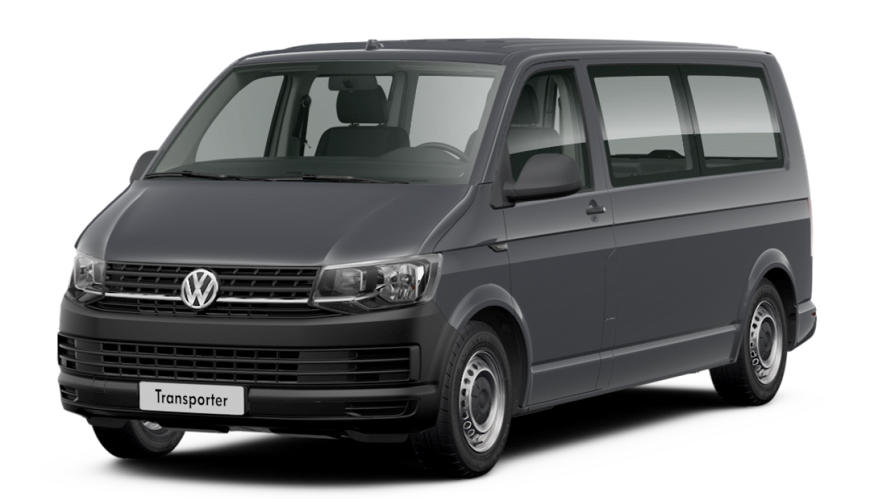 Grafitowy Volkswagen Transporter na przezroczystym tle, ujęcie z przodu pod kątem; praktyczny bus z dużą przeszkloną kabiną, szerokim grillem i klasycznymi stalowymi felgami.